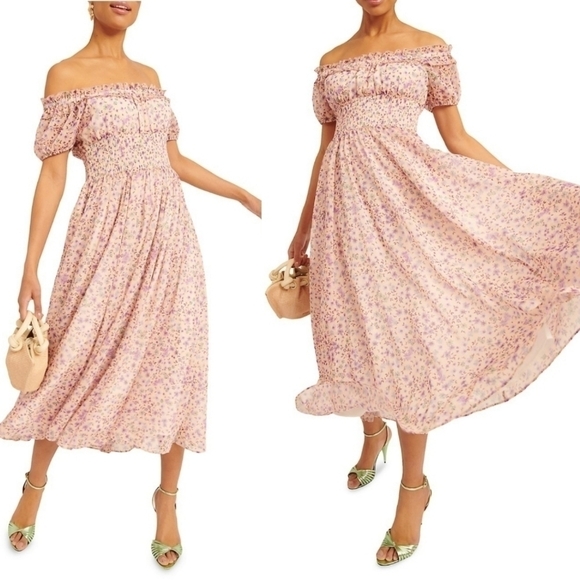 Rachel Parcell Off-The-Shoulder Chiffon Smocked Watercolor Midi Dress New 2/XS - Picture 5 of 16